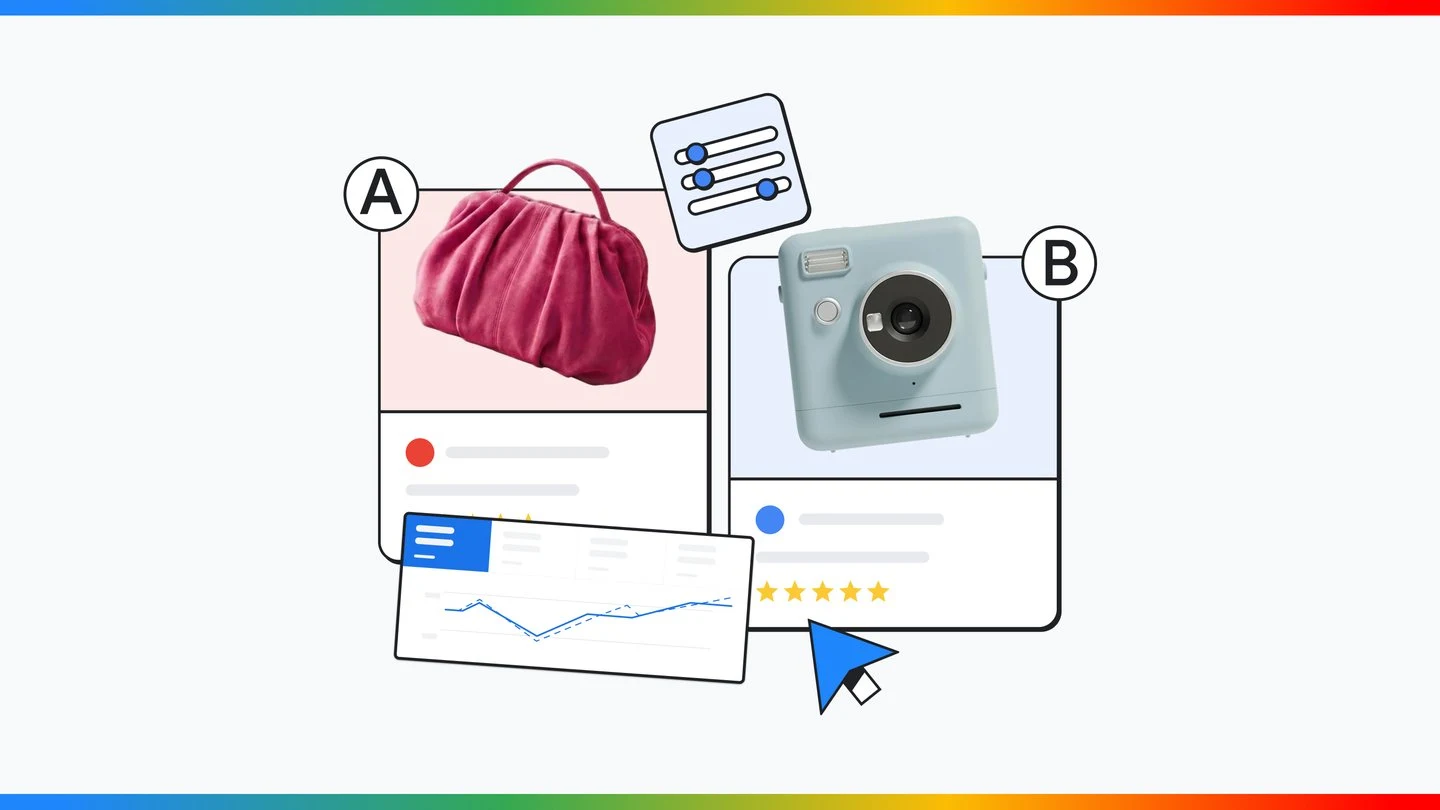 Google AI Max illustration showing an A/B comparison of product ads and campaign controls