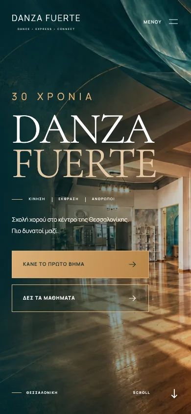 Danza Fuerte responsive homepage on a mobile screen