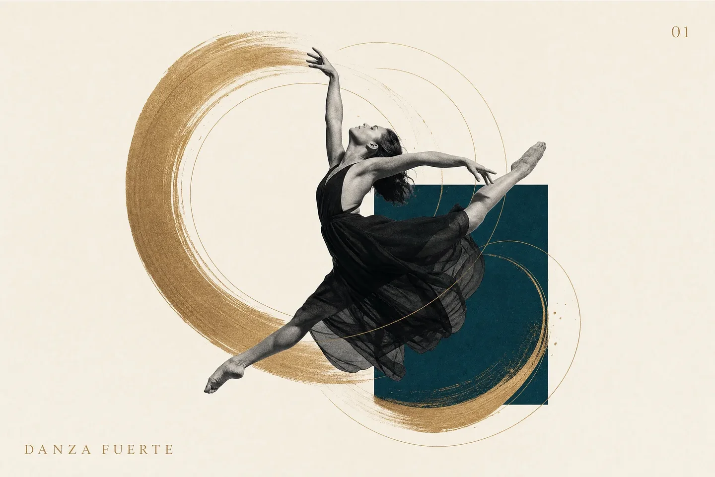 Danza Fuerte website artwork showing a dancer surrounded by golden trails of movement