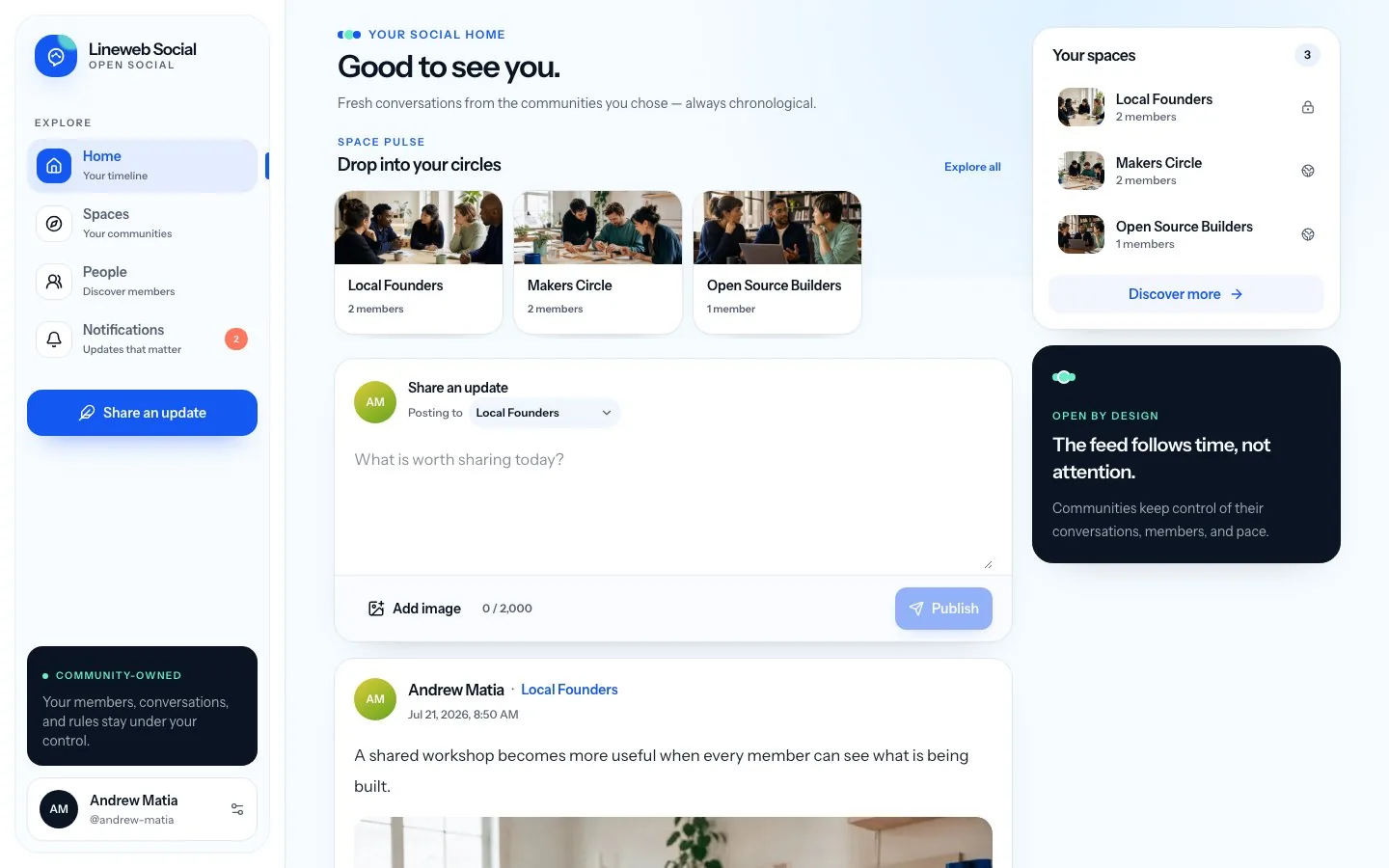 Feed της πλατφόρμας Lineweb Social σε desktop