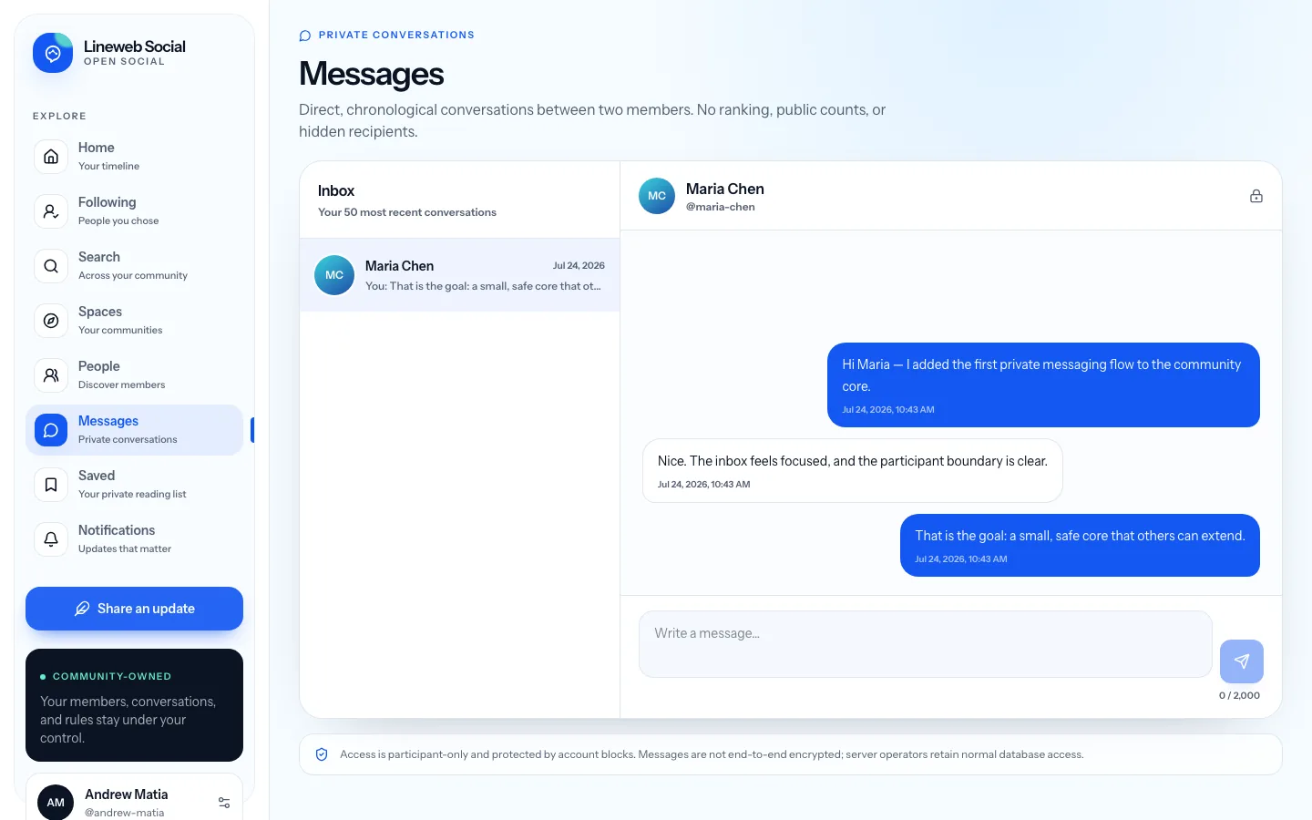 Προσωπικά μηνύματα του Lineweb Social, προσβάσιμα μόνο στους συμμετέχοντες