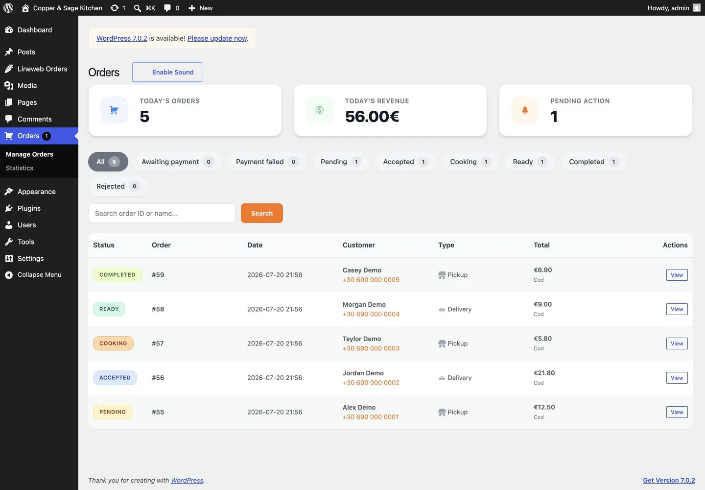 Πίνακας διαχείρισης του Lineweb Restaurant Orders στο WordPress