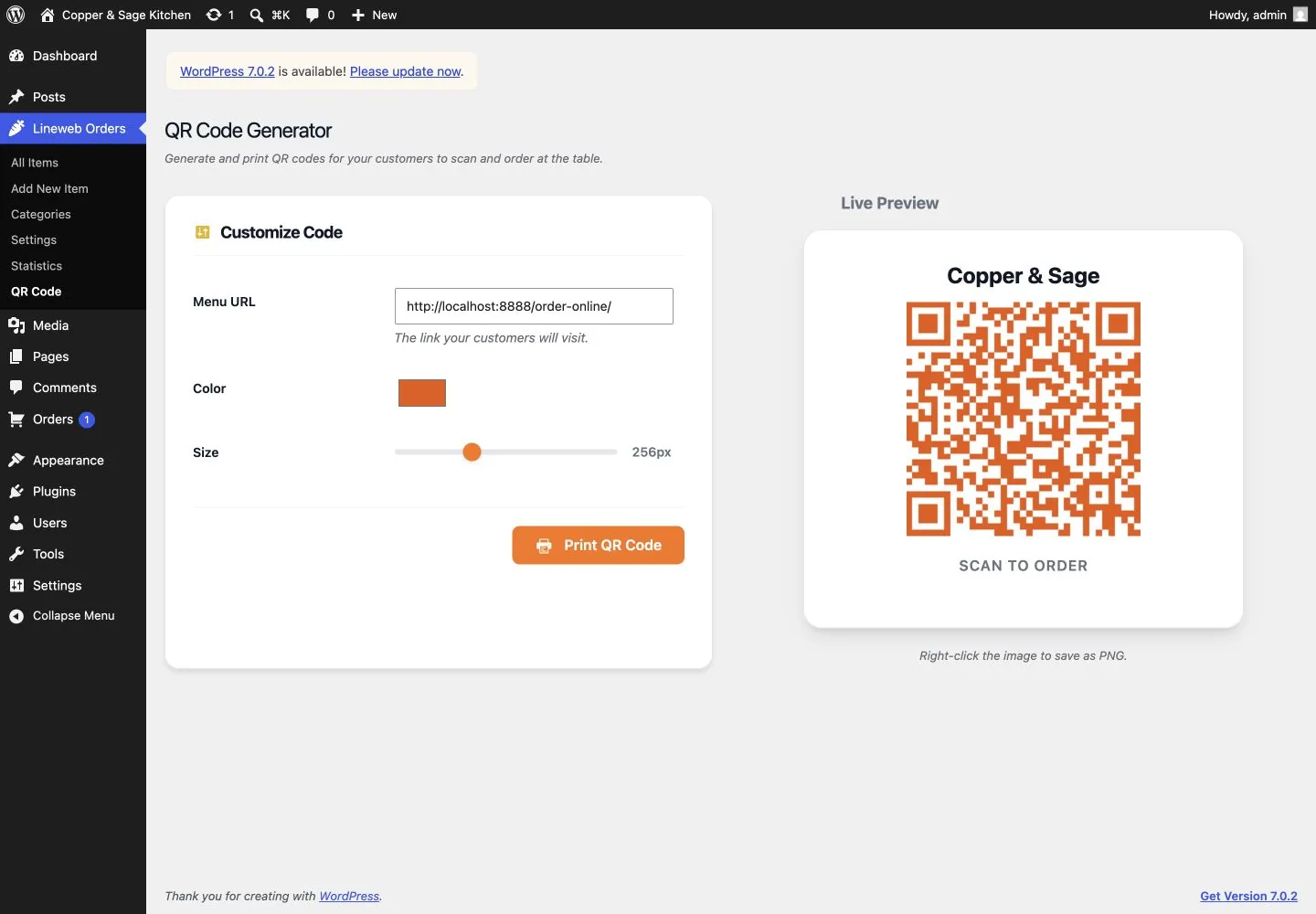 Τοπική δημιουργία QR code παραγγελιών εστιατορίου και προεπισκόπηση εκτύπωσης