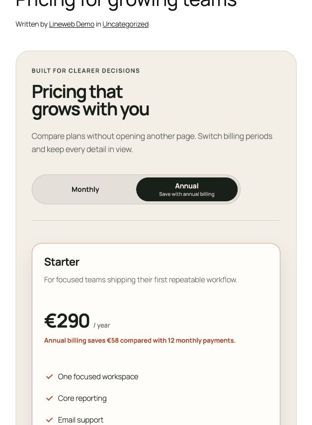 Pricing table από τα native Gutenberg blocks της Lineweb